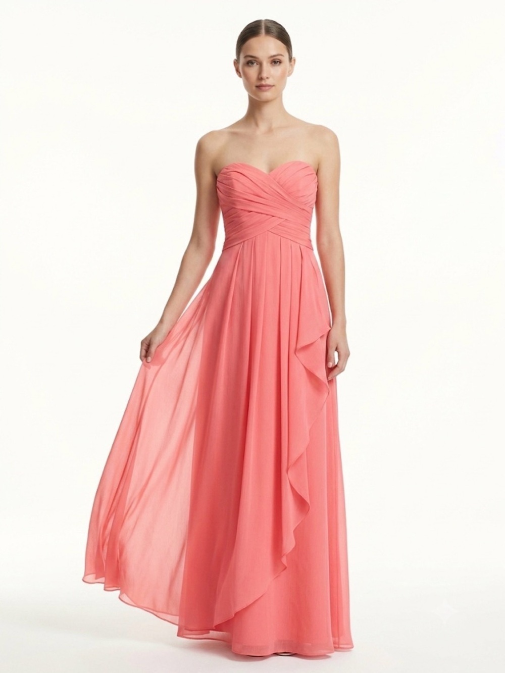 David’s Bridal Coral Strapless Chiffon Bridesmaid Maxi Dress Size 2 Formal Gown